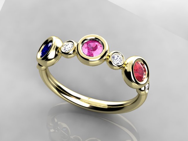 Bezeled Larger Round Three Birthstone Mothers Ring With Fine Diamonds* Designed by Christopher Michael