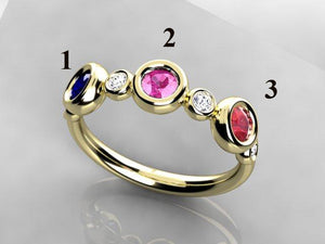 Bezeled Larger Round Three Birthstone Mothers Ring With Fine Diamonds* Designed by Christopher Michael