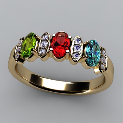 Christopher Michael Designed 3 Stone Oval Mothers Ring with Diamond* - MothersFamilyRings.com