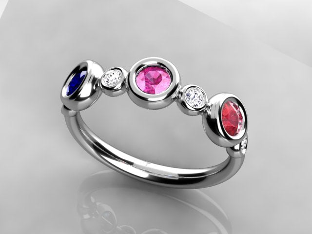 Bezeled Larger Round Three Birthstone Mothers Ring With Fine Diamonds* Designed by Christopher Michael