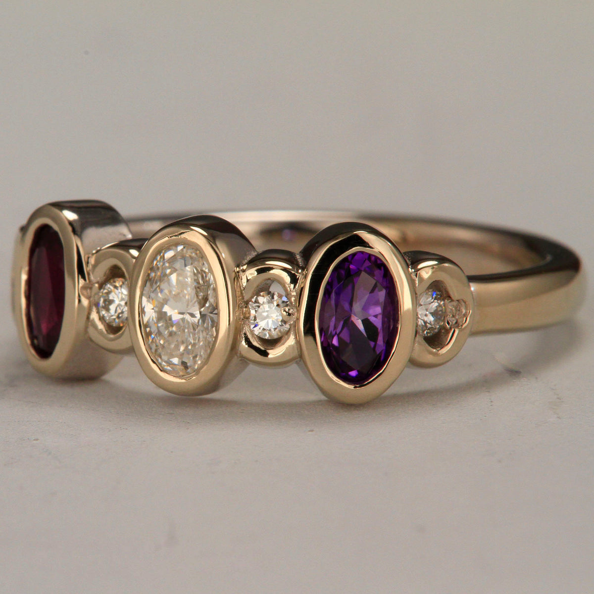 Bezeled 3 Stone Oval Mothers Ring With Diamond* Designed by Christopher Michael - MothersFamilyRings.com