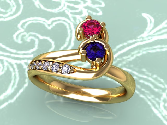 Curled Two Birthstone Mother Ring with Diamond* Christopher Michael Design - MothersFamilyRings.com