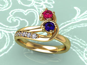 Curled Two Birthstone Mother Ring with Diamond* Christopher Michael Design - MothersFamilyRings.com