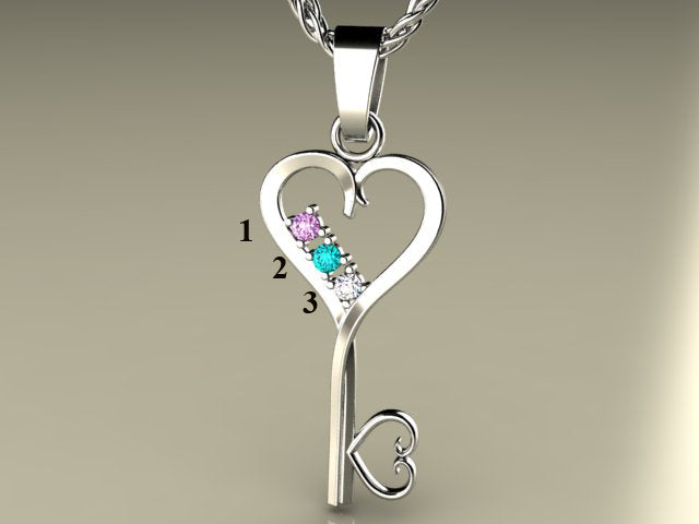 Three Birthstone Key To Hearts Mothers Pendant* Christopher Michael Design