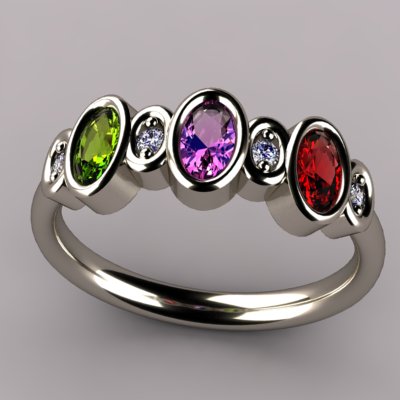 Bezeled 3 Stone Oval Mothers Ring With Diamond* Designed by Christopher Michael - MothersFamilyRings.com