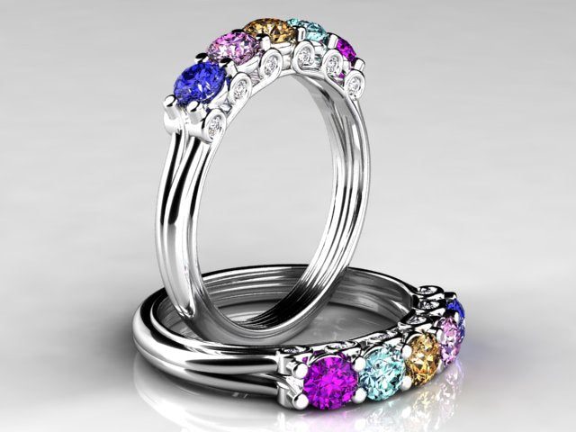 Larger 3.5 mm Five Birthstones Mothers Ring by Christopher Michael With Diamond Accent*
