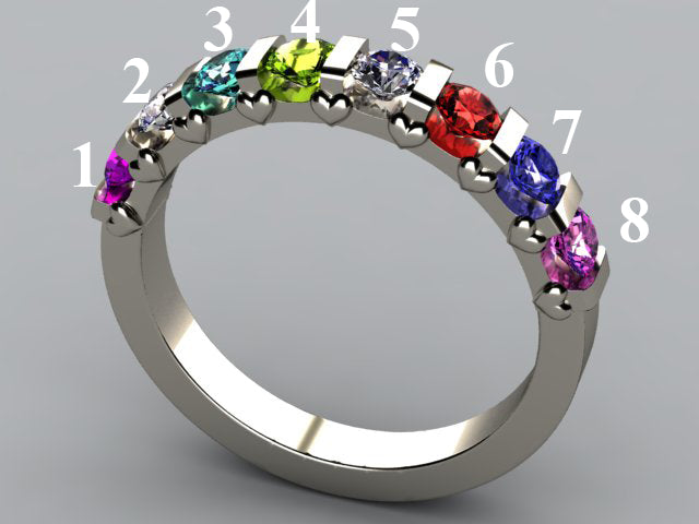 8 Stone Christopher Michael Design Mothers Ring 3mm With Heart Accent* - MothersFamilyRings.com
