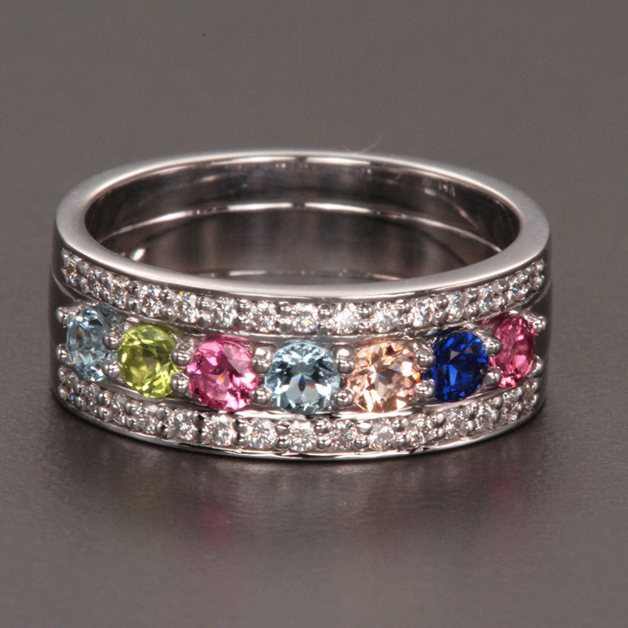 7 Birthstones Mothers Ring Flanked with Fine Diamond* Christopher Michael Design - MothersFamilyRings.com