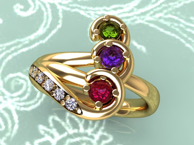 Curled Three Birthstone Mother Ring with Diamond* Christopher Michael Design - MothersFamilyRings.com