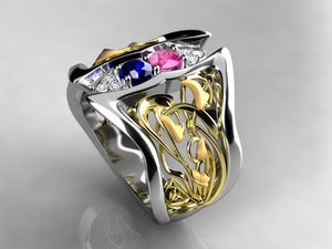 Art Nouveau Inspired 2 Birthstone Mothers Ring With Diamond* Christopher Michael Design