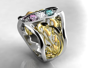 Art Nouveau Inspired 3 Birthstone Mothers Ring* Christopher Michael Design