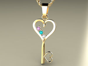 Three Birthstone Key To Hearts Mothers Pendant* Christopher Michael Design