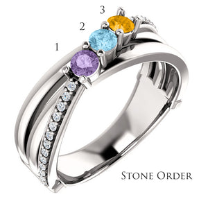 Split Shank Heavy 3 Stone Family Ring With Fine Diamonds